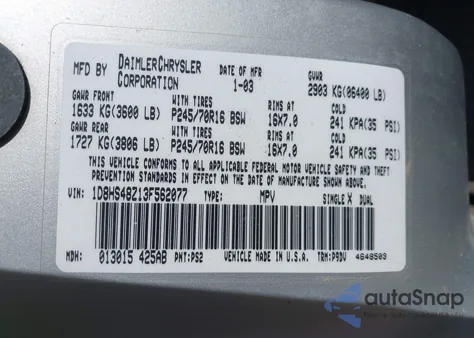 2003 Dodge Durango Slt z USA, uszkodzony, nr VIN 1D8HS48Z13F562077